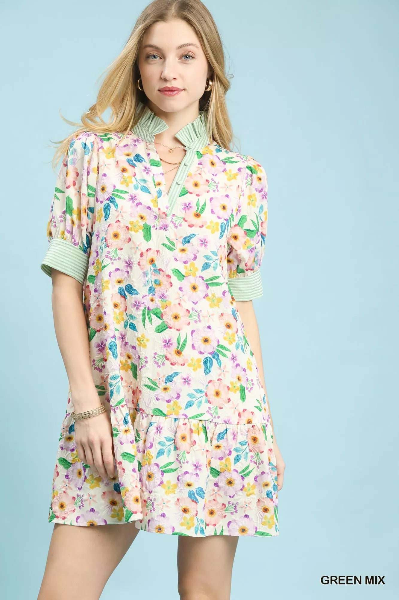 Umgee Mix Floral Ruffle Collar Tiered Babydoll Dress