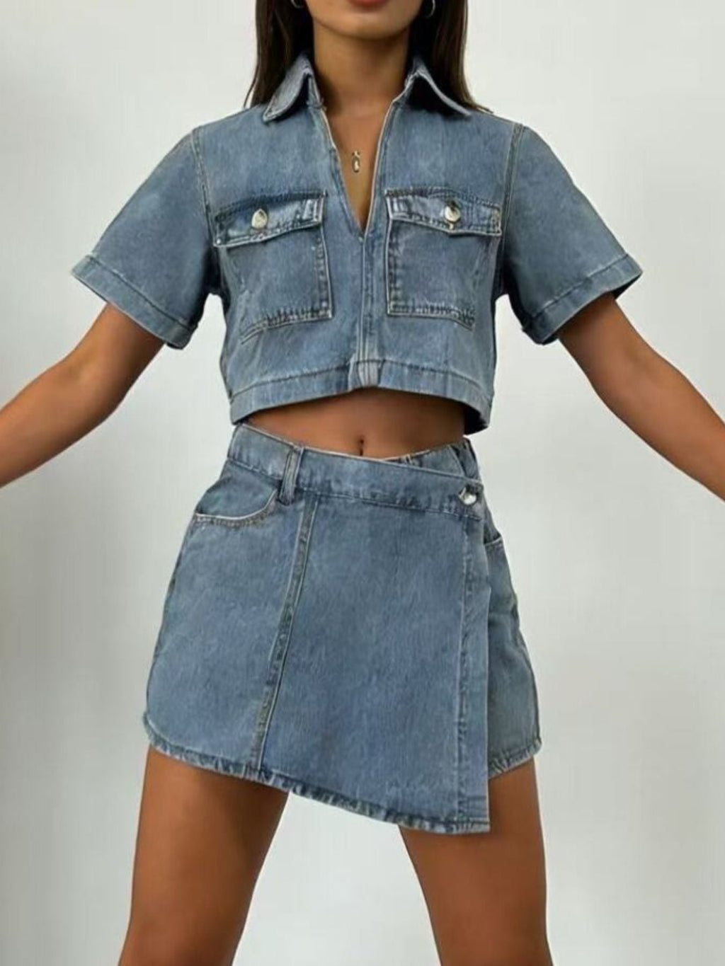 Short Sleeve Cropped Top and Skort Denim Set