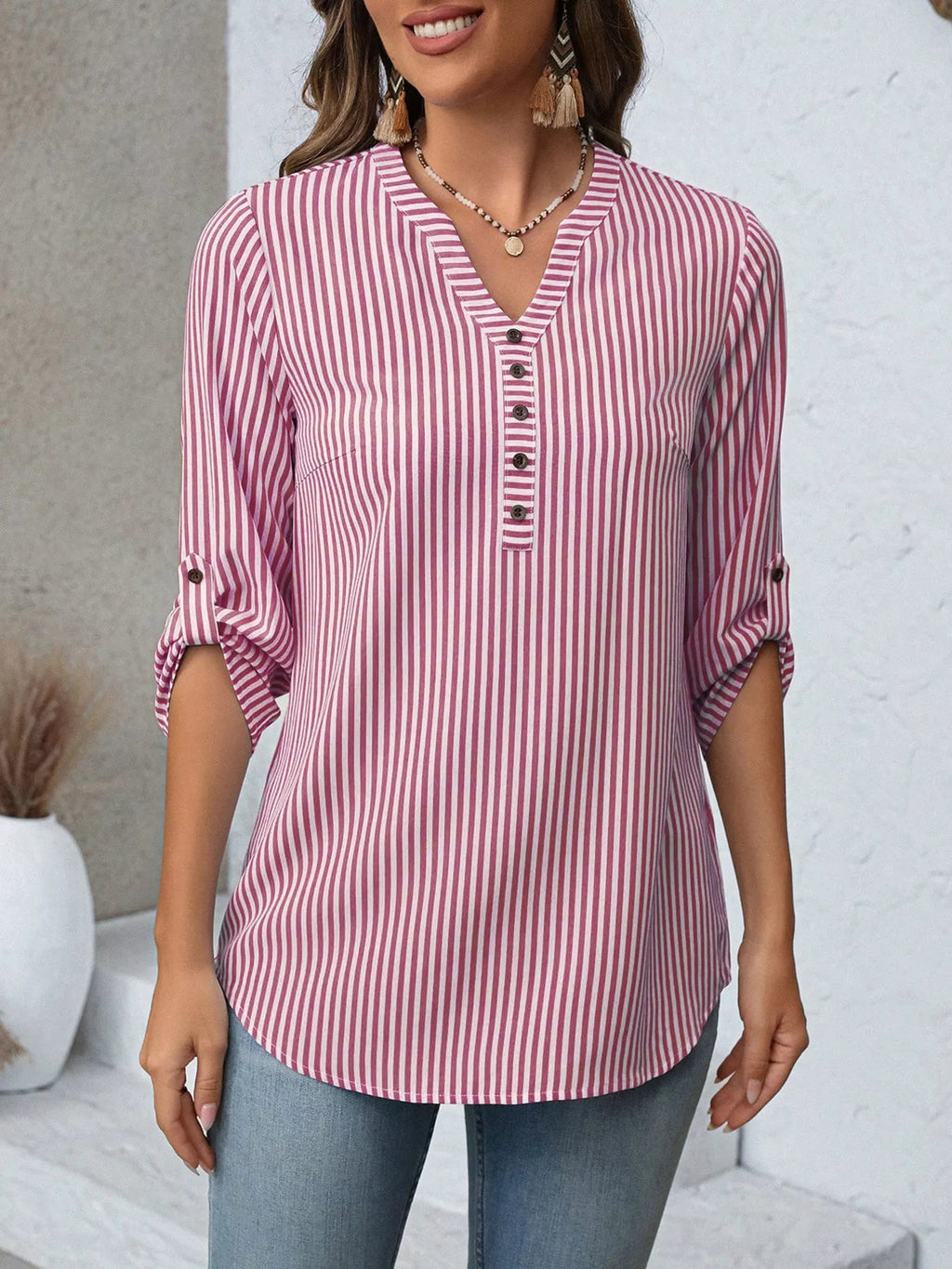 Striped V-Neck Roll-Up Sleeve Blouse