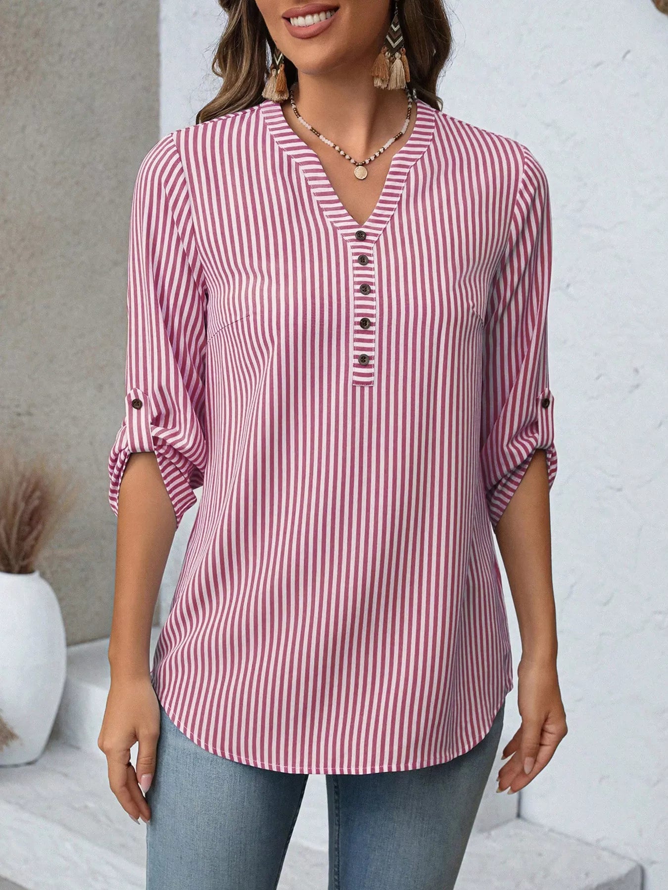 Striped V-Neck Roll-Up Sleeve Blouse