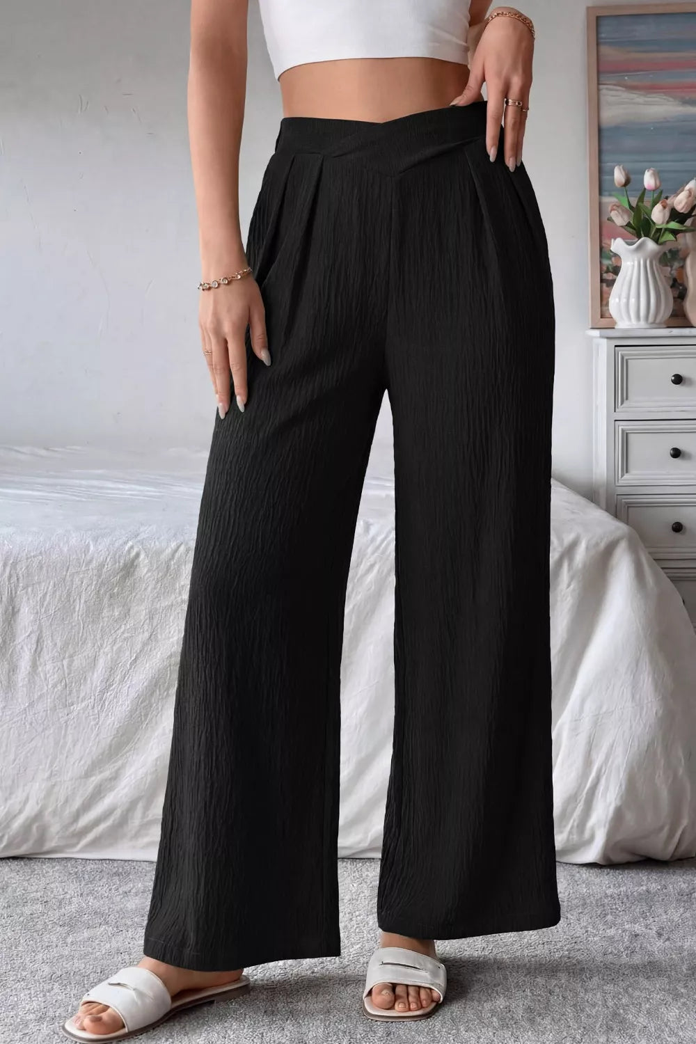 Solid Color Textured Crossed Waist Loose Pants