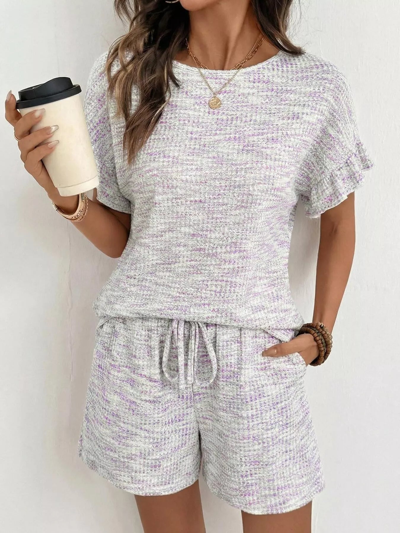 Ruffle Sleeve Textured Top and Shorts Set