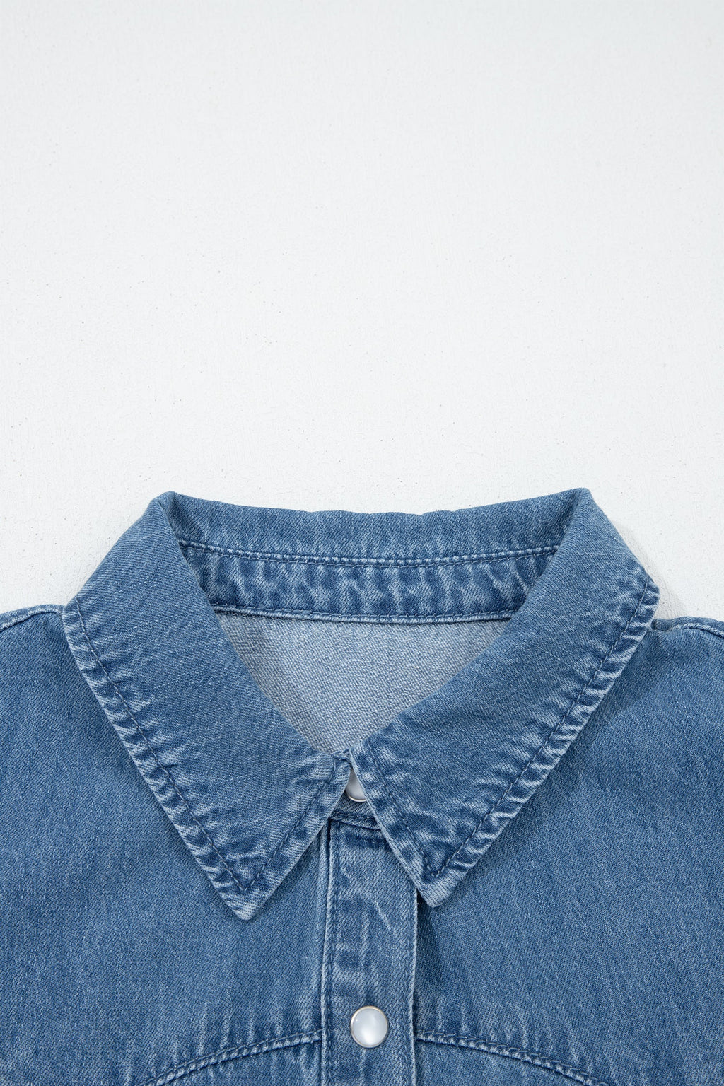 Solid Denim Ruffle Short Sleeve Buttoned Shirt