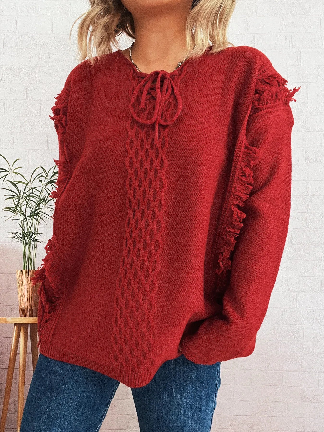 Raw Hem Lace Up Front Sweater