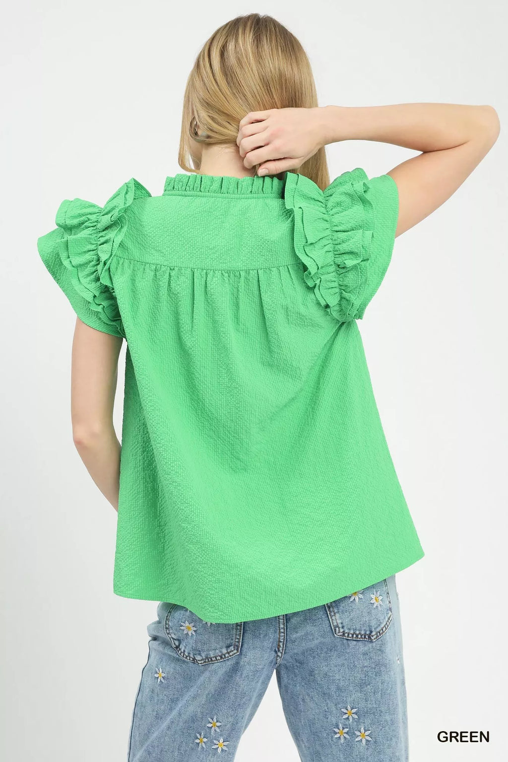 Umgee Textured Ruffle Sleeve Notched Top