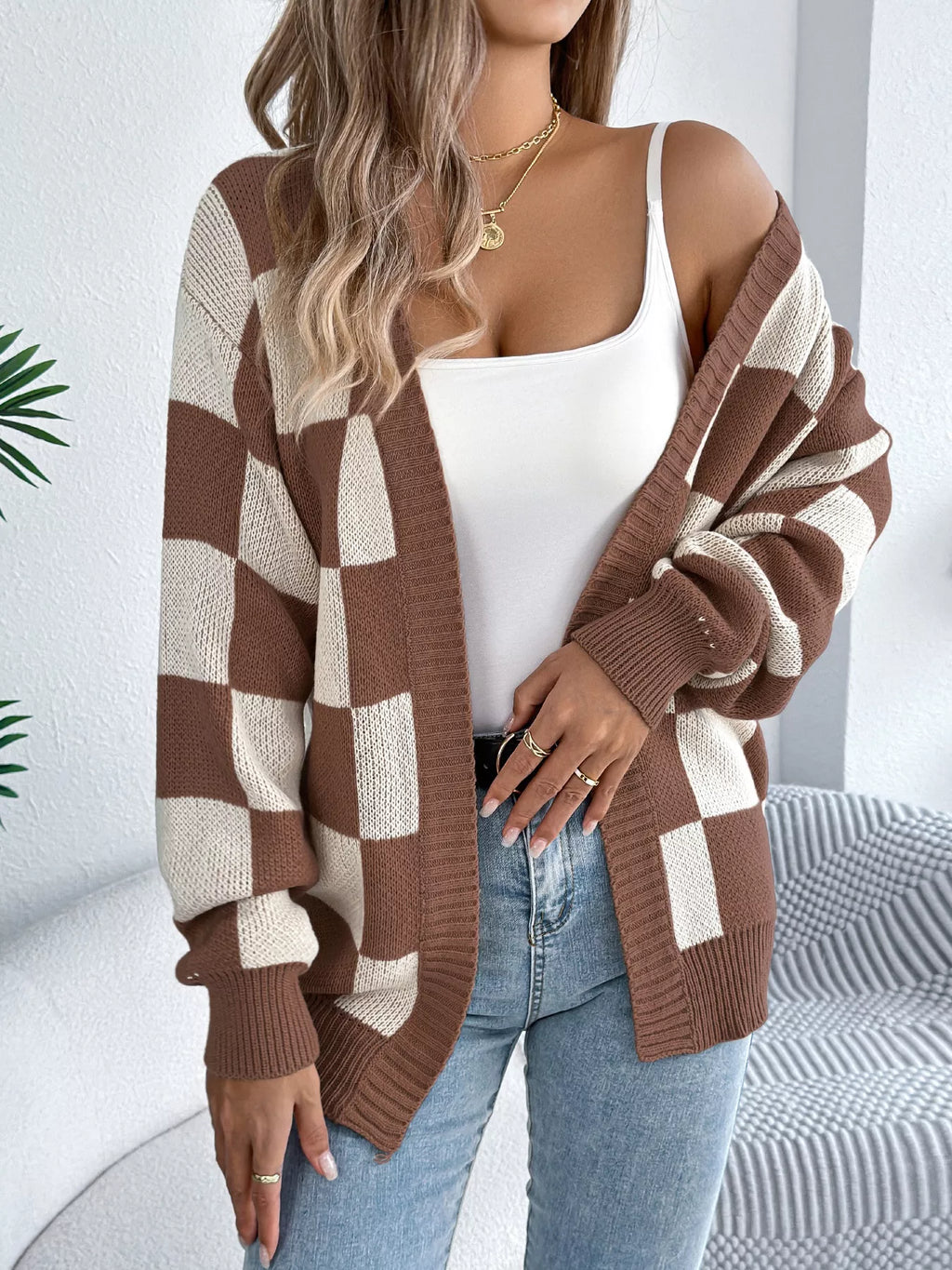 Checkered Pattern Open Front Cardigan