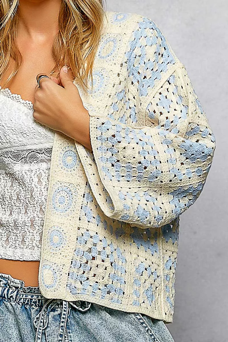 POL Open Front Crochet Cardigan with Granny Square Pattern