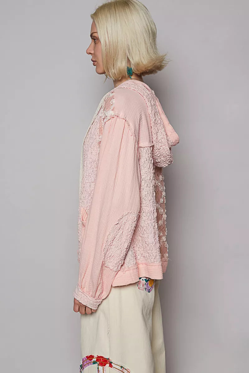 POL Exposed Seam Button Down Hooded Jacket with Lace Detail