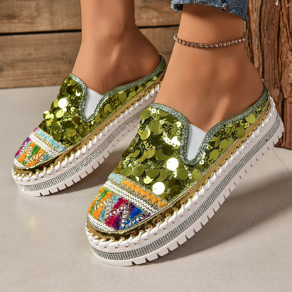 Sequin Round Toe Platform Loafers