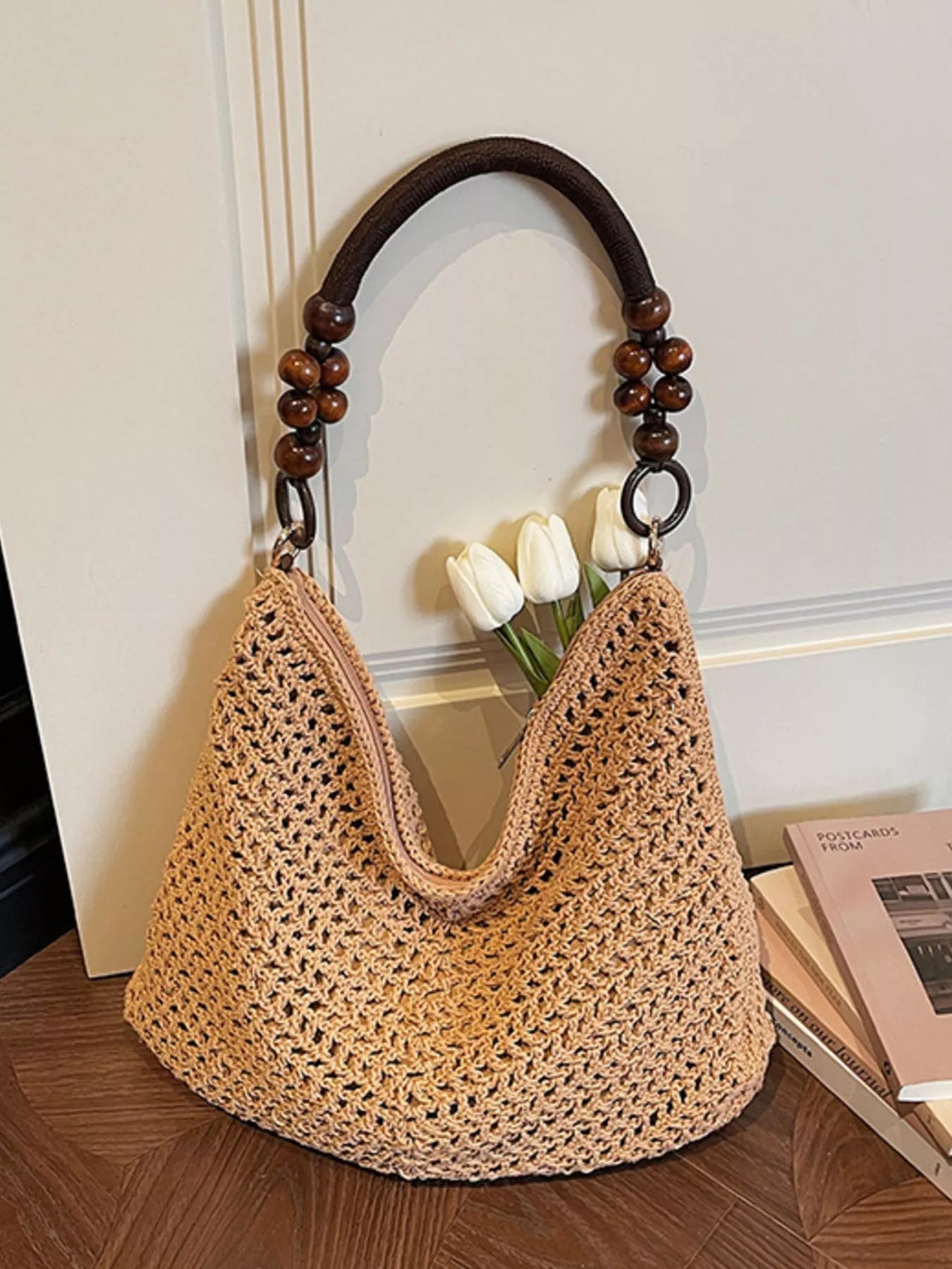 Knitted Shoulder Bag with Wooden Bead Handle