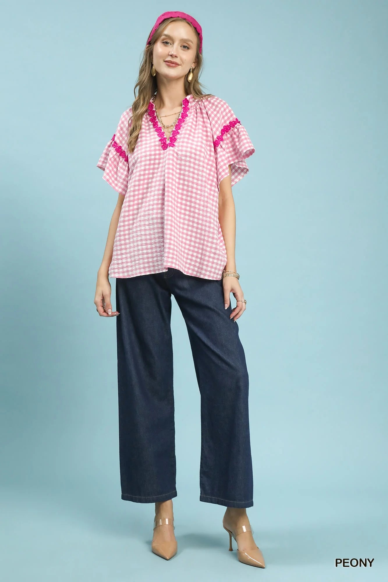 Umgee Gingham Lace Trim Top