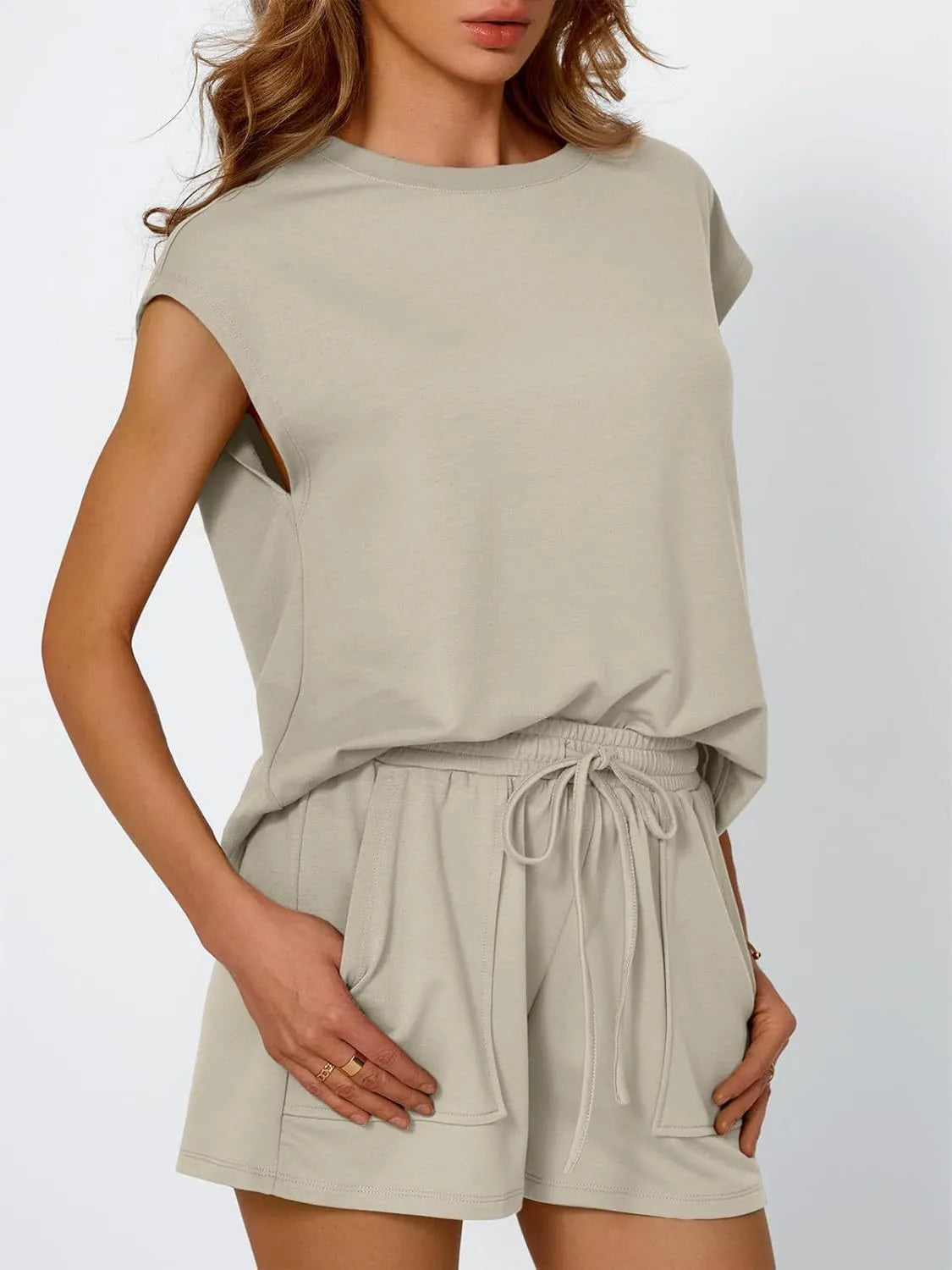 Round Neck Cap Sleeve Top and Shorts Set