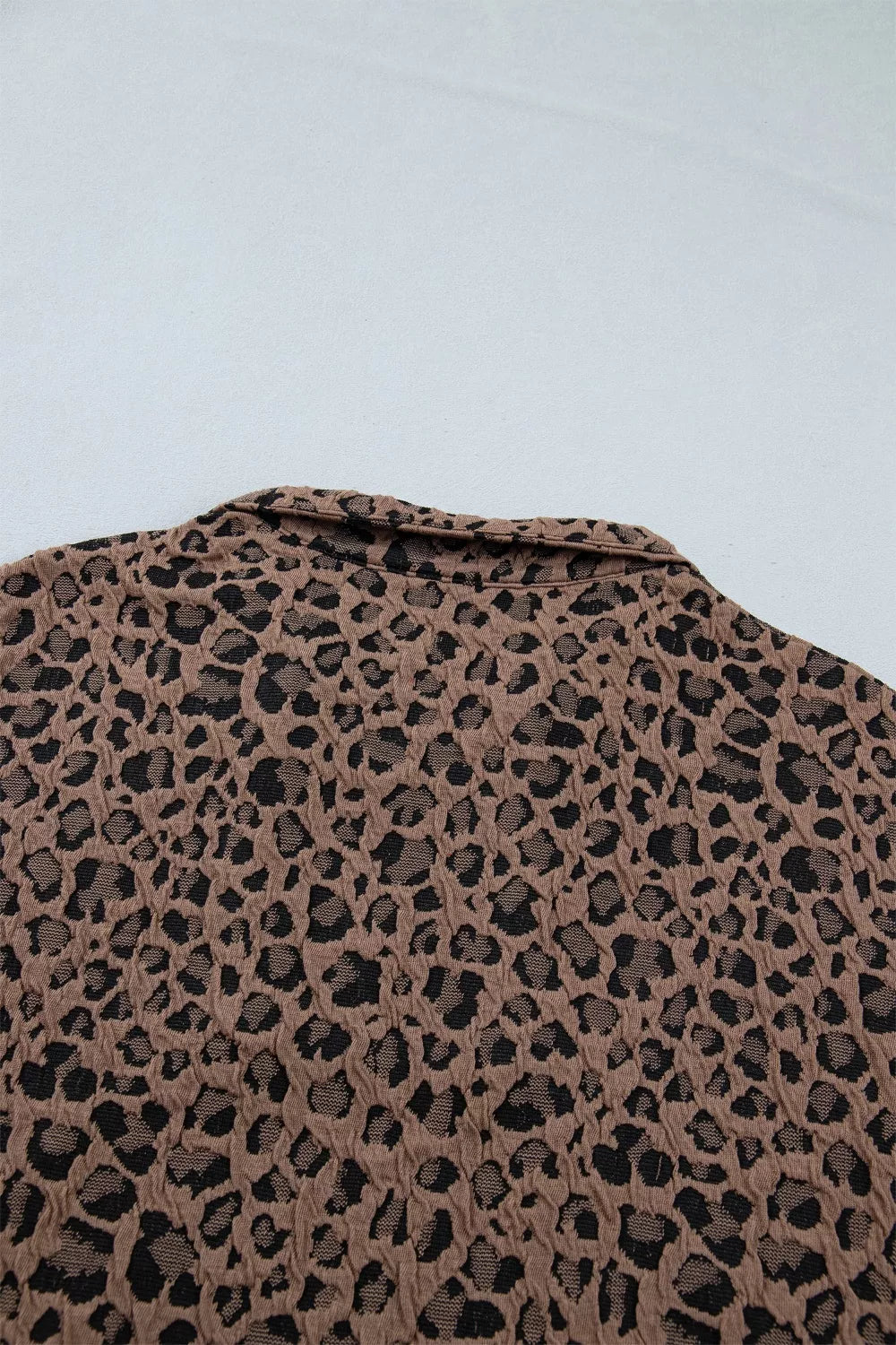 Leopard Jacquard Striped Patchwork Half Zip Short Sleeve Blouse
