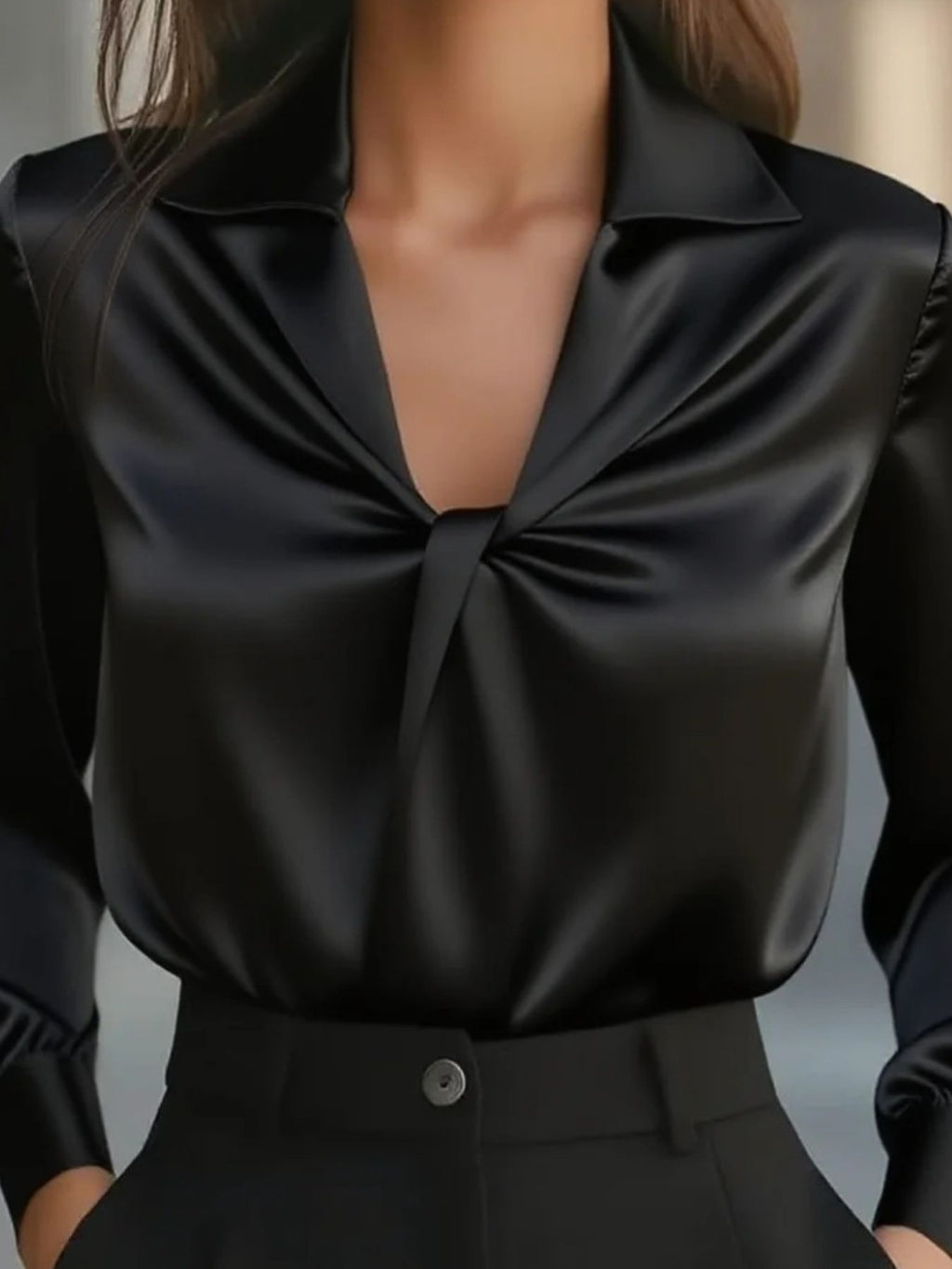 Ruched Collared Neck Long Sleeve Blouse