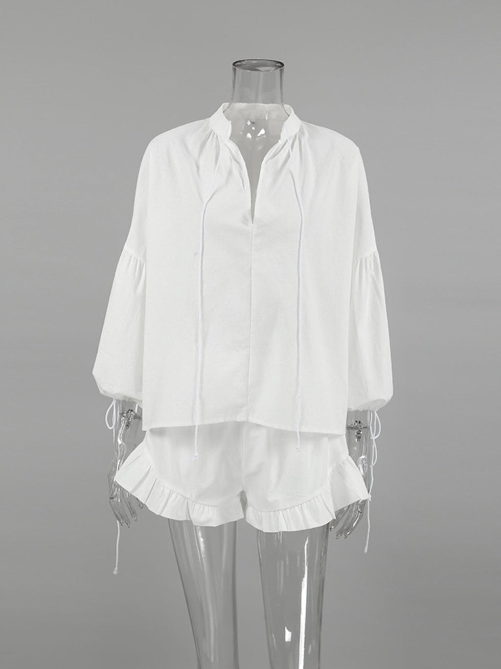 Tie Neck Balloon Sleeve Blouse and Shorts Set
