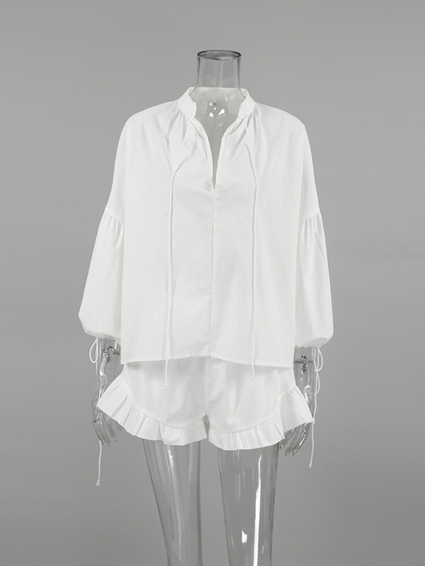 Tie Neck Balloon Sleeve Blouse and Shorts Set