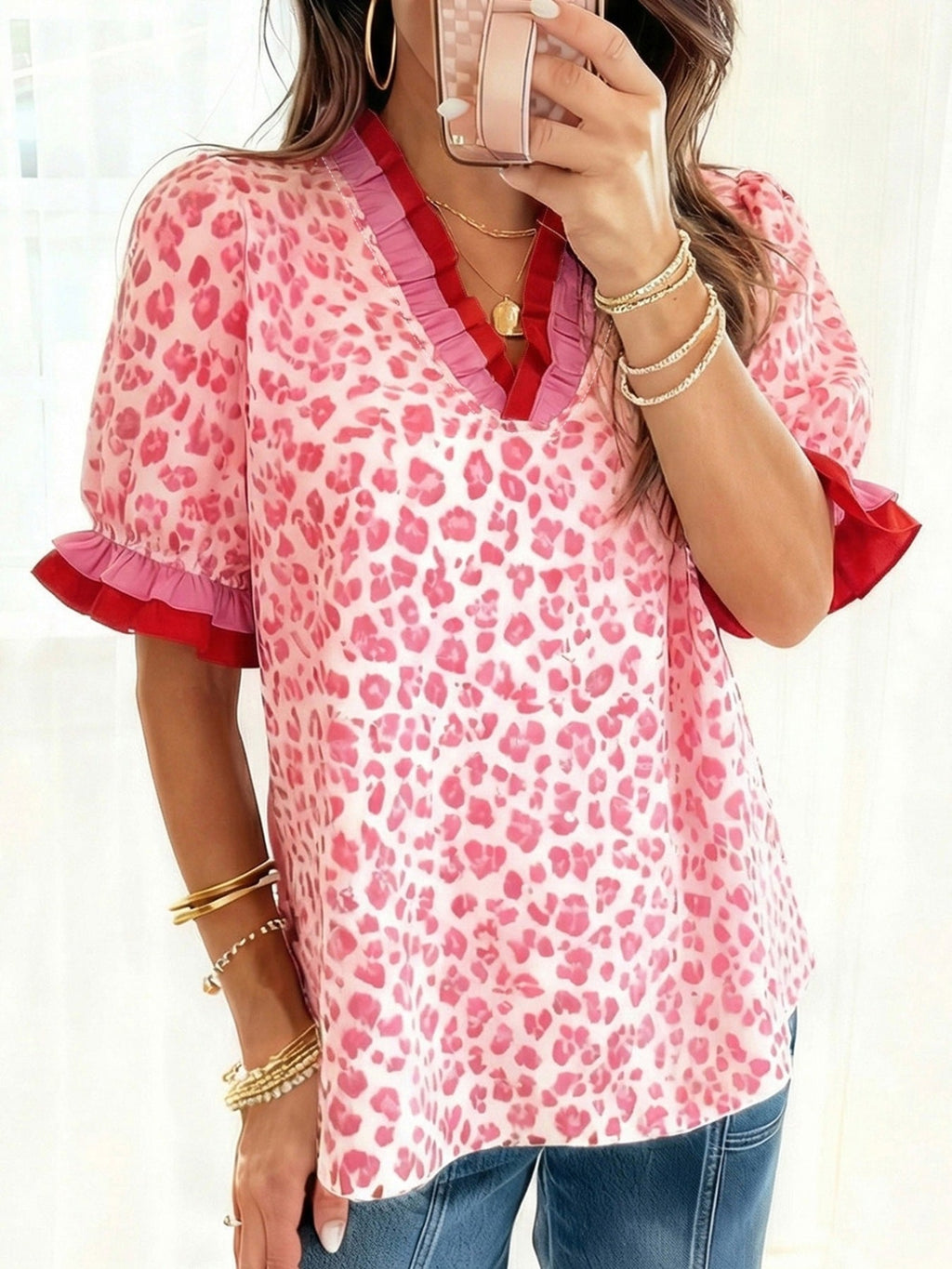 Leopard Print Frill Short Sleeve Blouse