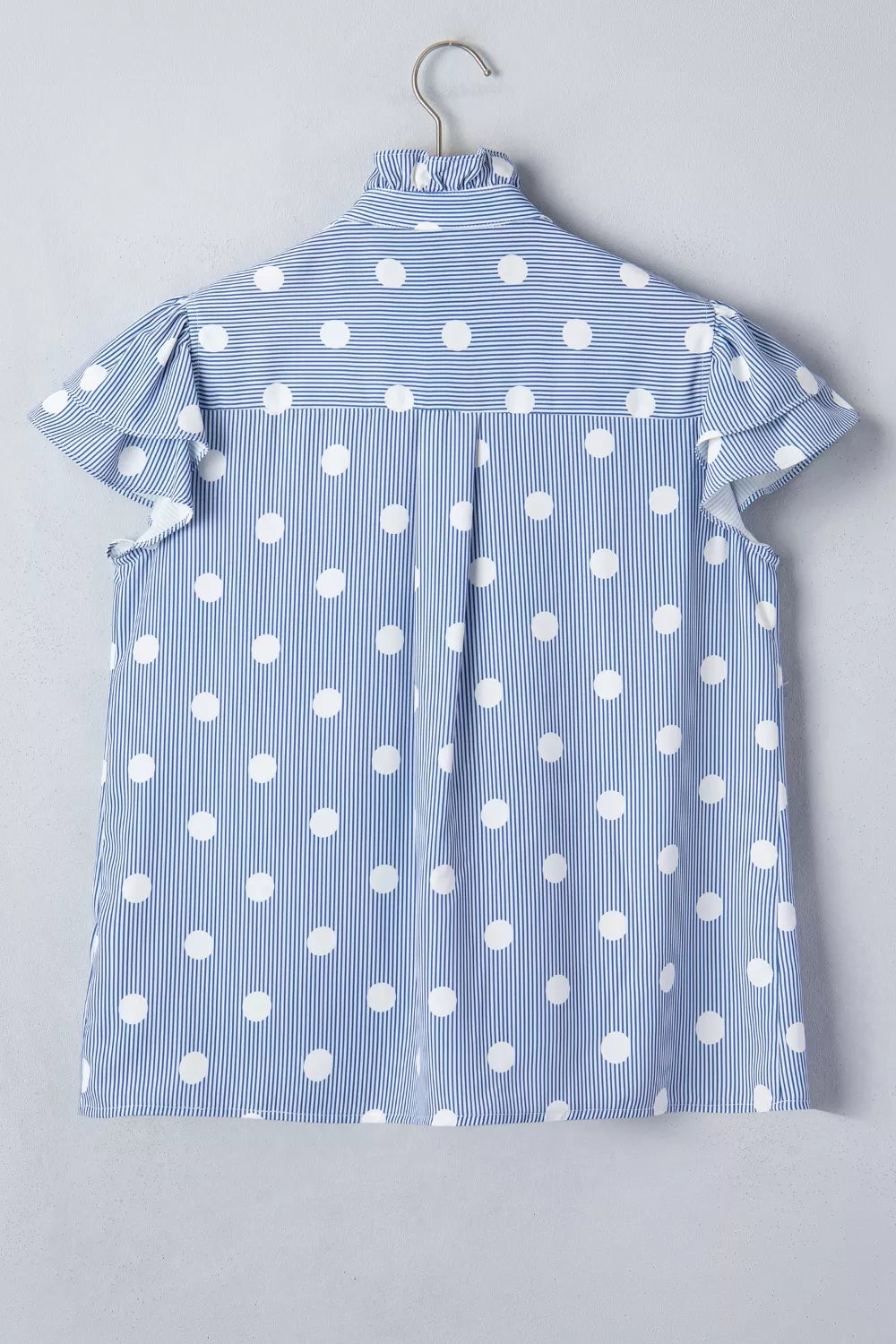Stripe Contrast Polka Dot Print Pleated Ruffle Sleeve Shirt