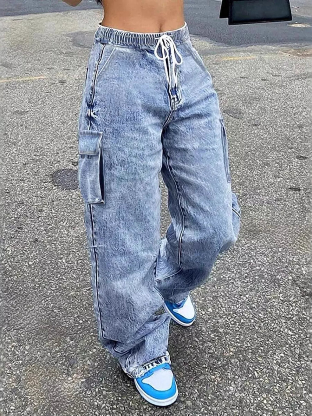 High-Waisted Drawstring Cargo Jeans