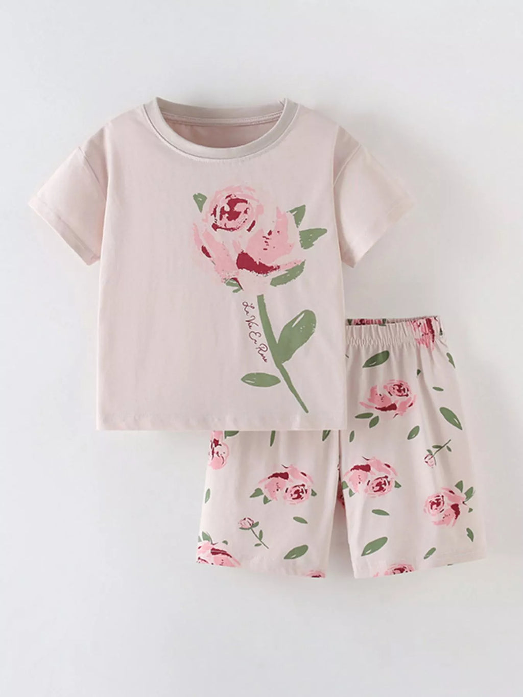 Children's Flower Round Neck Tee and Shorts Set