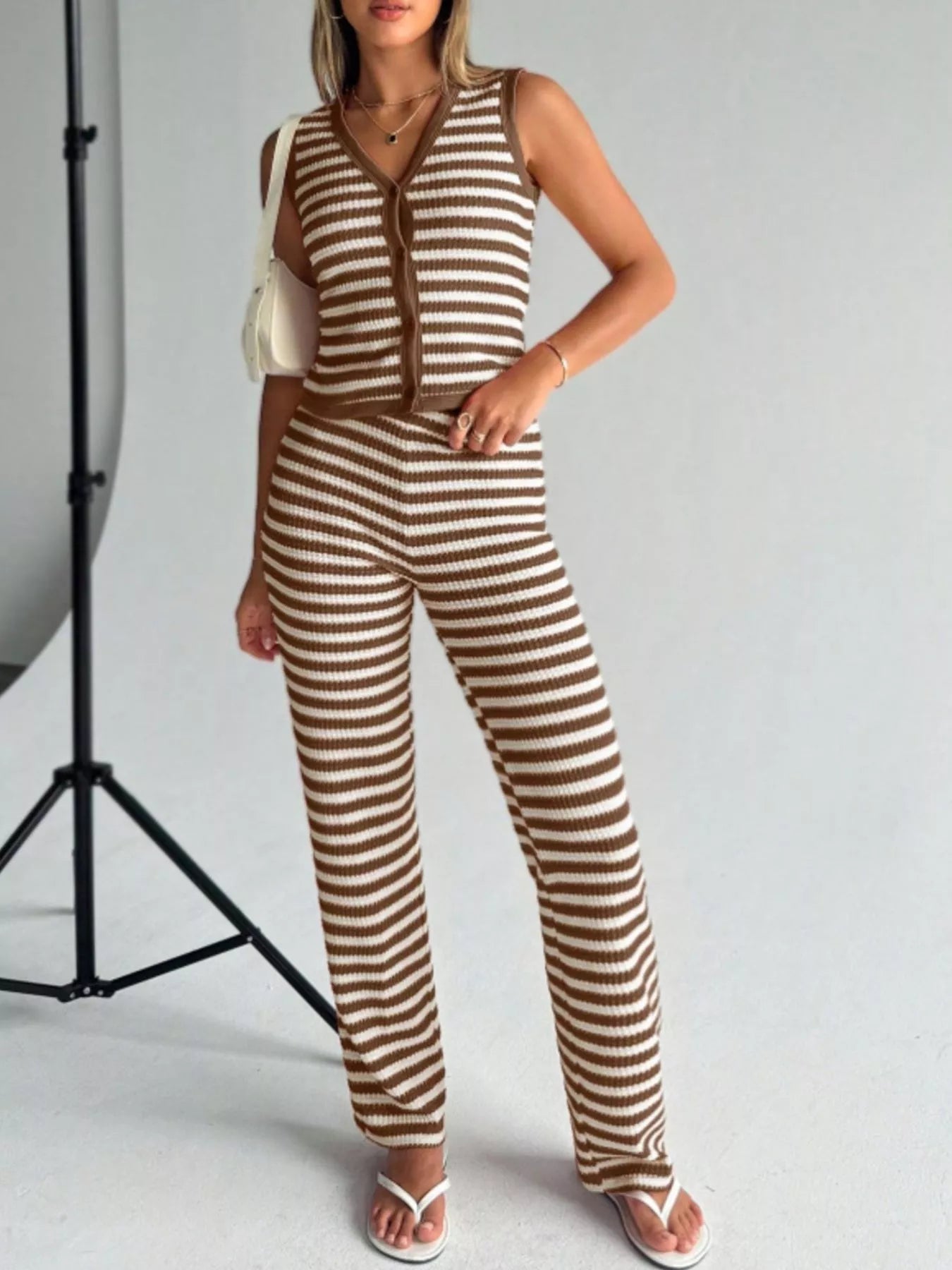 Striped Knit Sleeveless Top and Pants Set