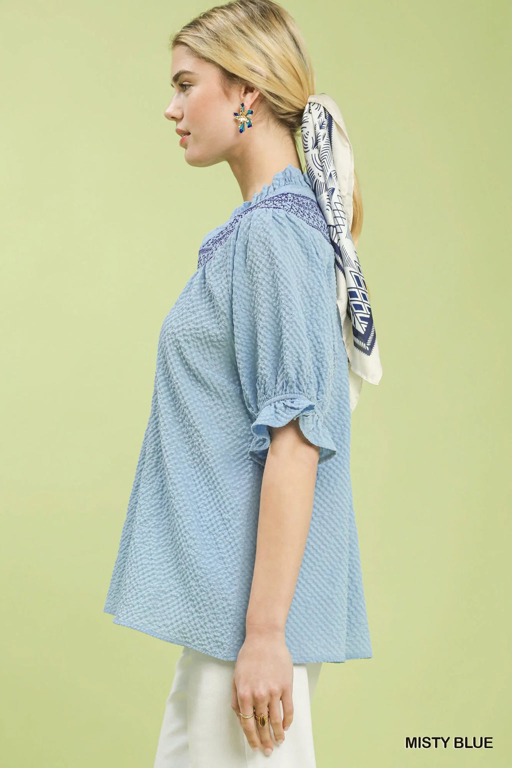 Umgee Textured Henley Blouse with Ruffle Cuffs
