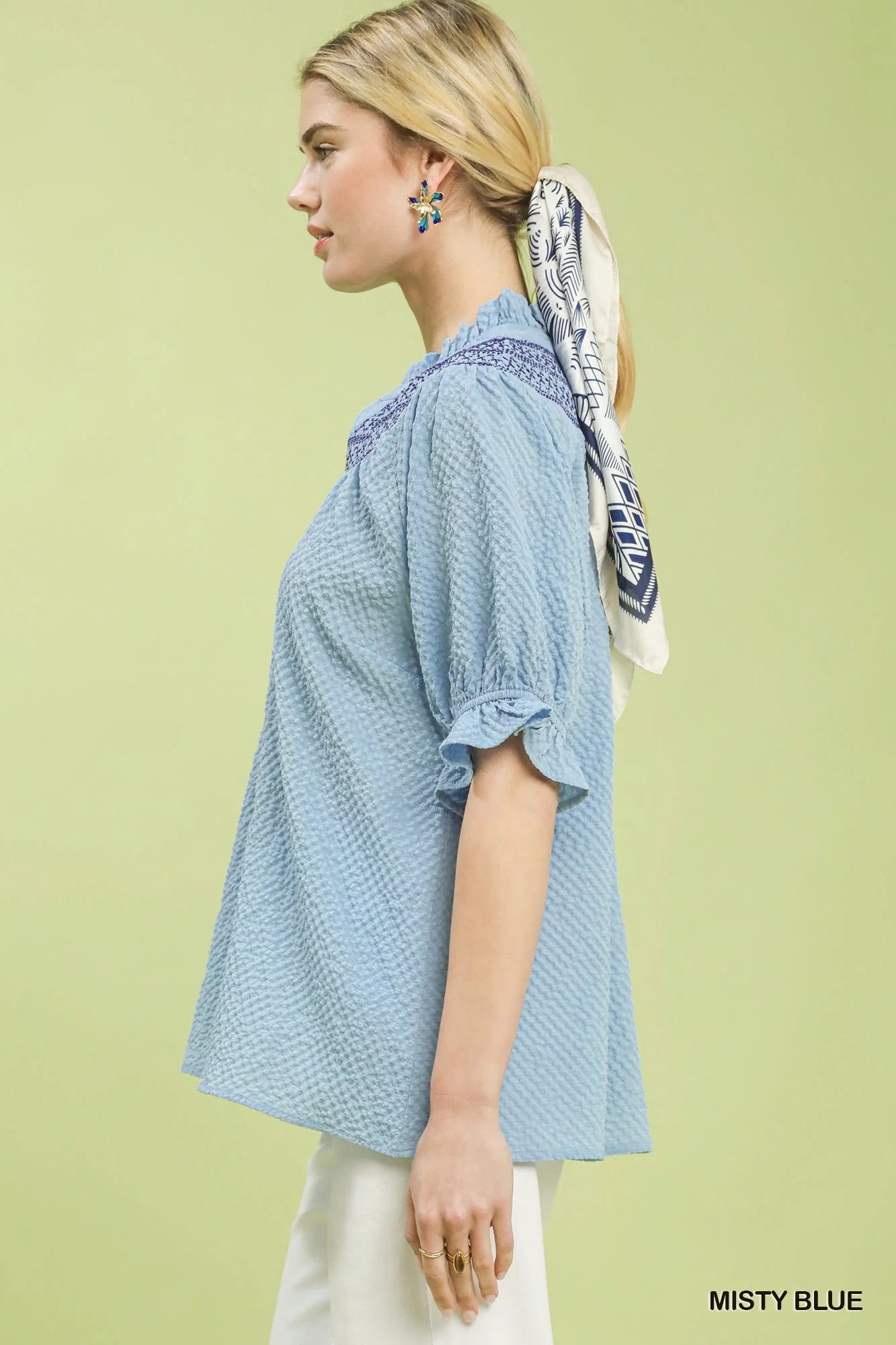 Umgee Textured Henley Blouse with Ruffle Cuffs