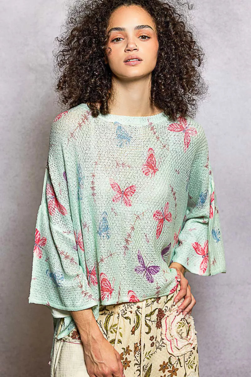 POL Butterflies Pattern Round Neck knit Top with Outseam Rolling Edge