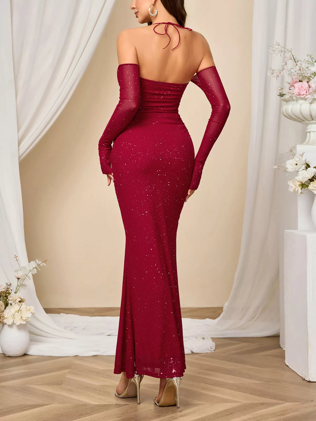 Glitter Sweetheart Neck Long Sleeve Maxi Dress