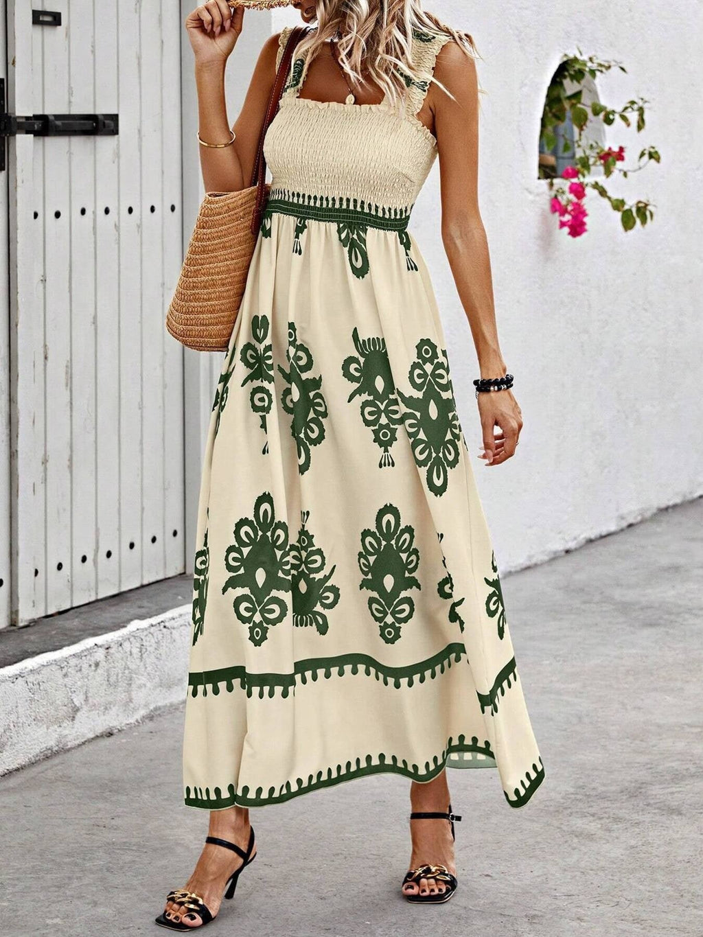 Smocked Bodice Colorful Print Tank Dress