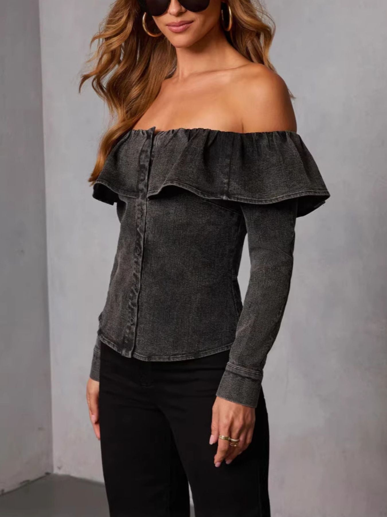 Off-Shoulder Ruffled Denim Top