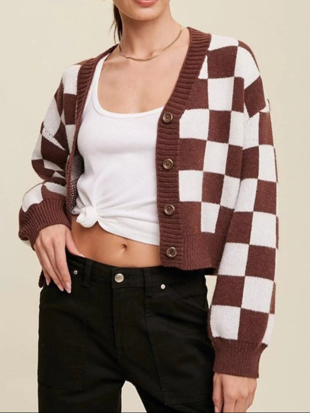 Checkerboard Pattern Button-Down Cardigan