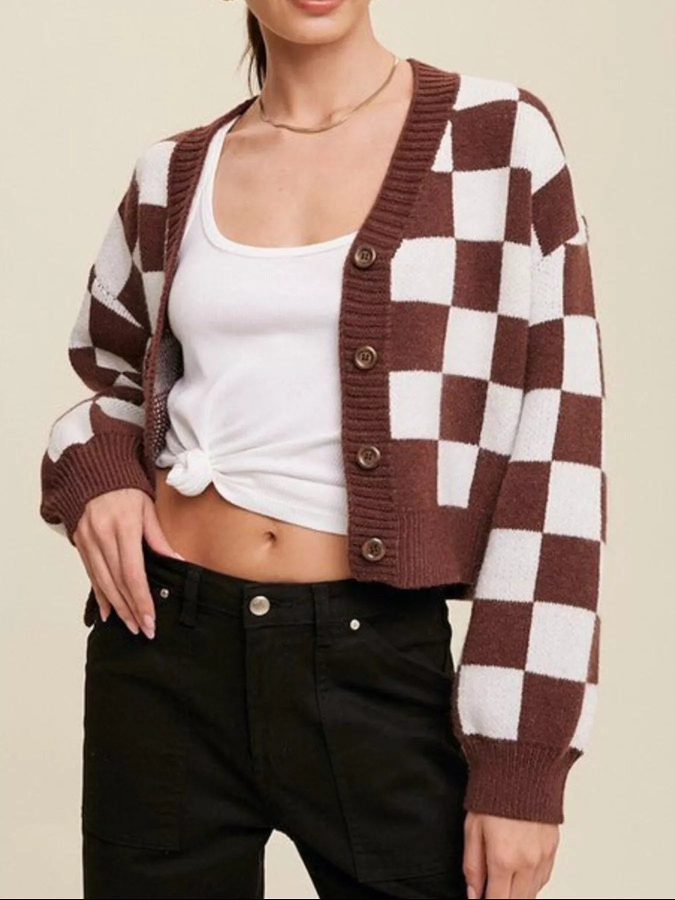 Checkerboard Pattern Button-Down Cardigan