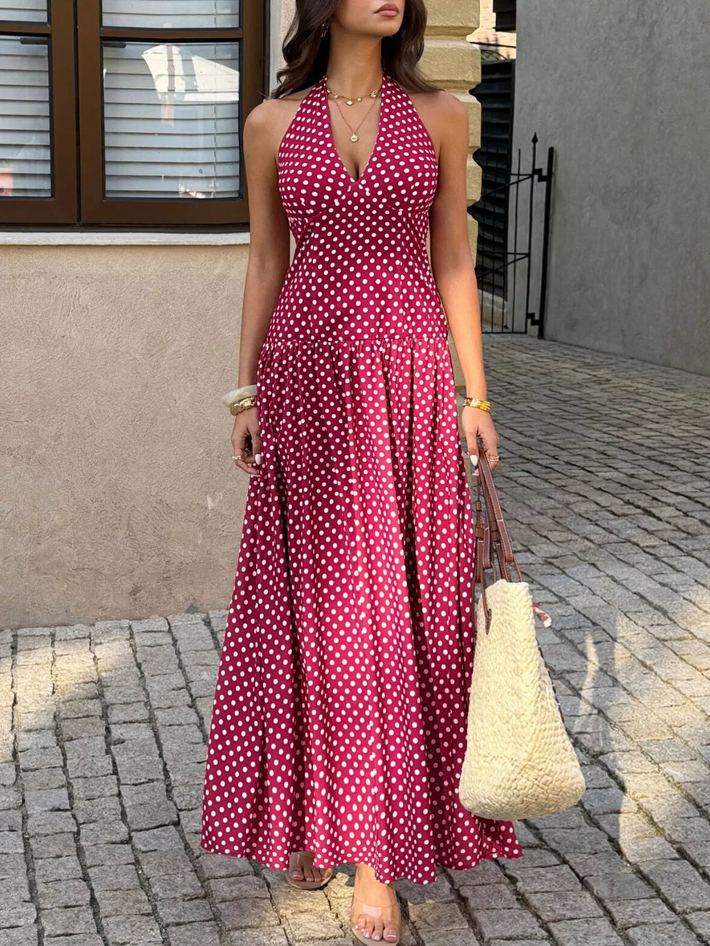Polka Dot Halter Neck Maxi Dress