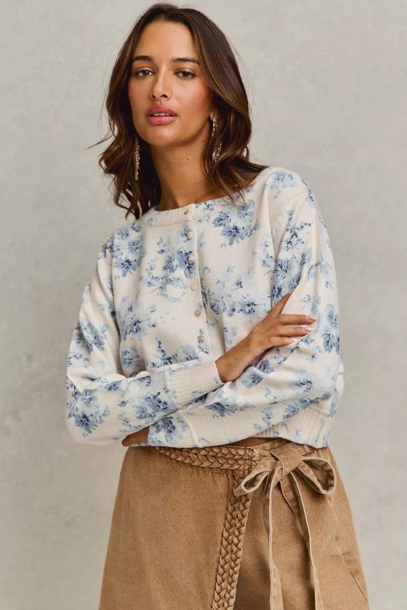 SO ME Vintage Floral Print Button Down Sweater Cardigan