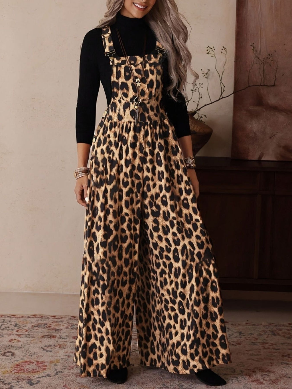 Leopard Print Wide Leg Overalls