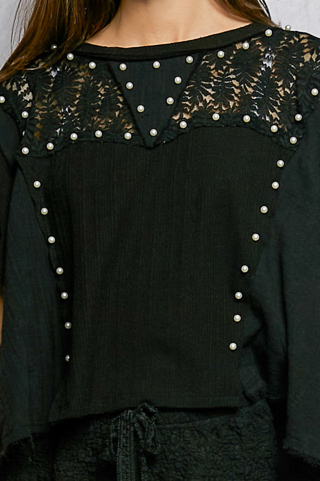 POL Lace Pearl Stud Round Neck Short Sleeve Shirt
