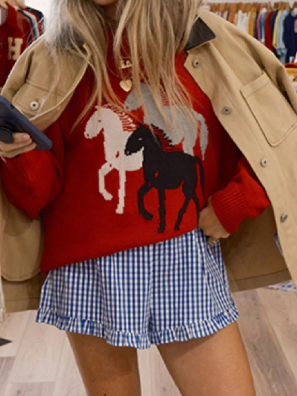 Horse Round Neck Long Sleeve Sweater