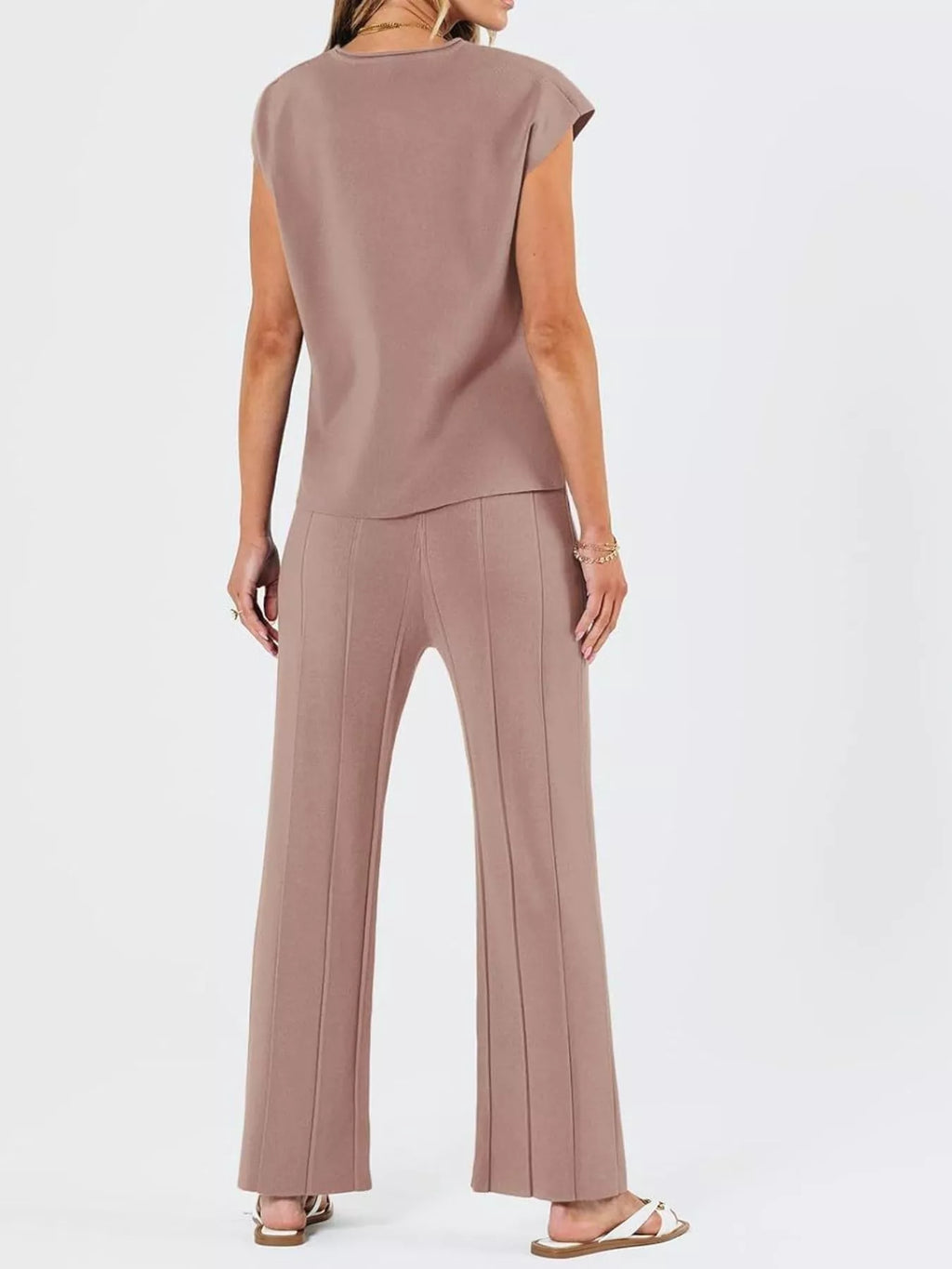 Casual Solid Color Cap Sleeve Top and Pants Knit Set