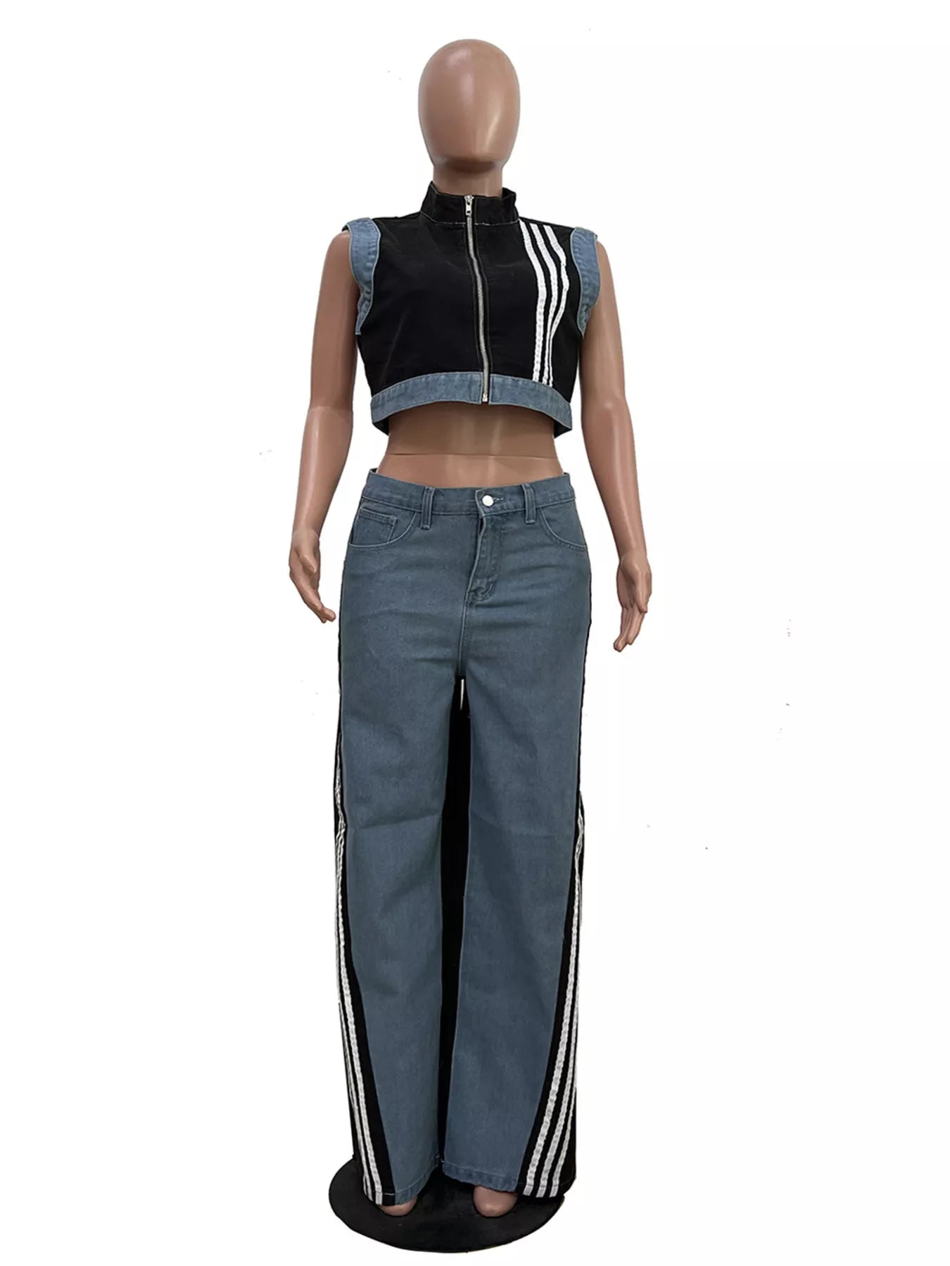 Zip Front Crop Top and Striped Pants Set