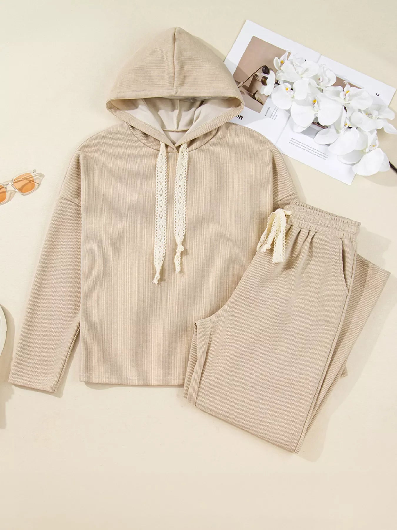 Lace Drawstring Hoodie and High Waist Pants Set