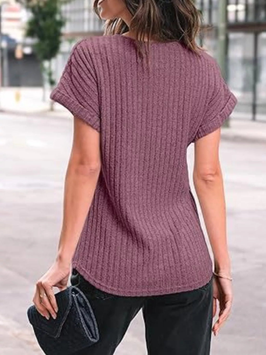 Casual Ribbed Knit Short Sleeve T-Shirt