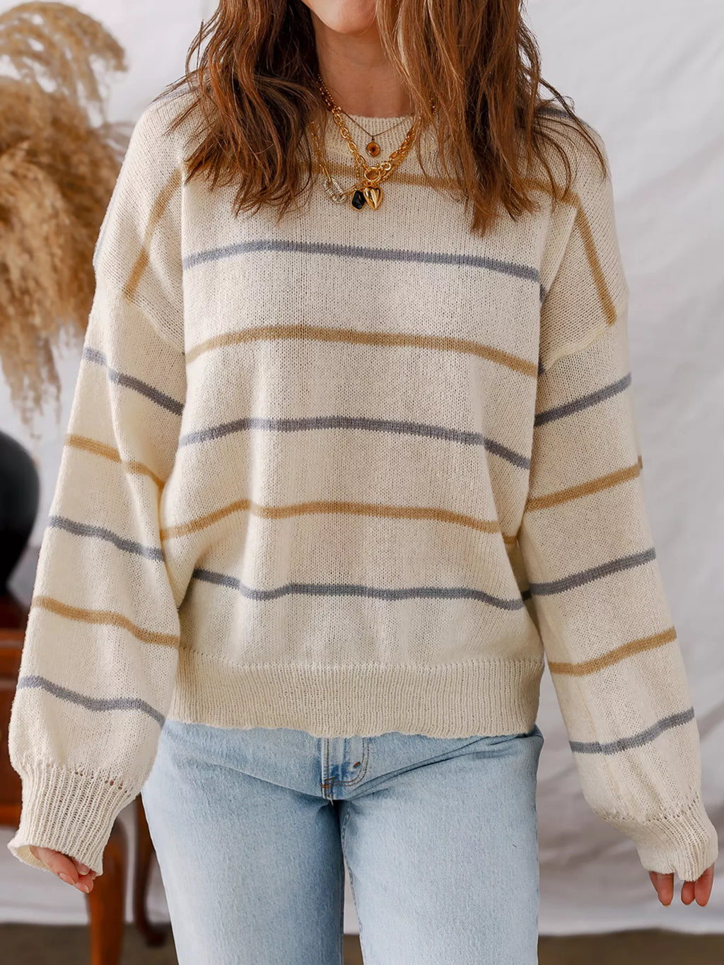 Stripe Striped Ribbed Edge Drop Shoulder Sweater