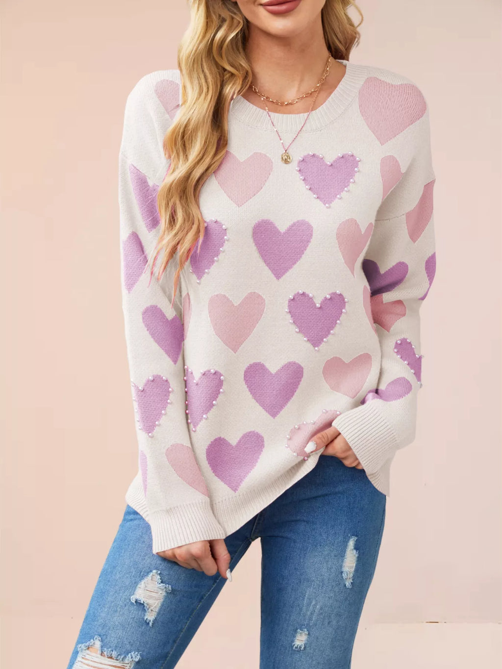 Heart Pattern Beaded Round Neck Sweater