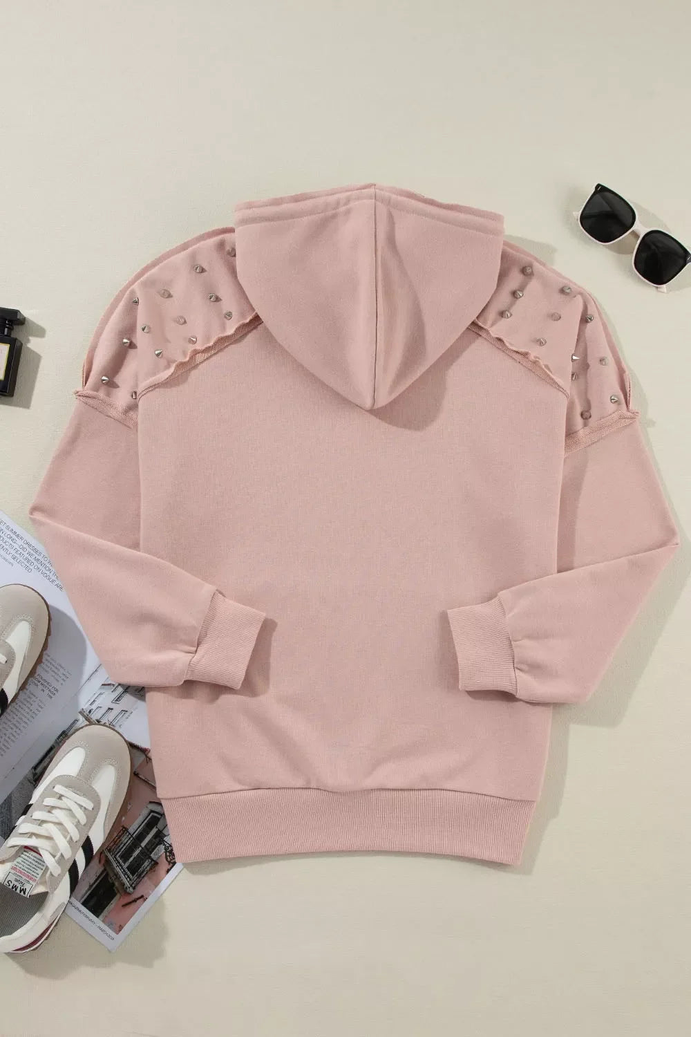 Drawstring Studded Shoulder Hoodie