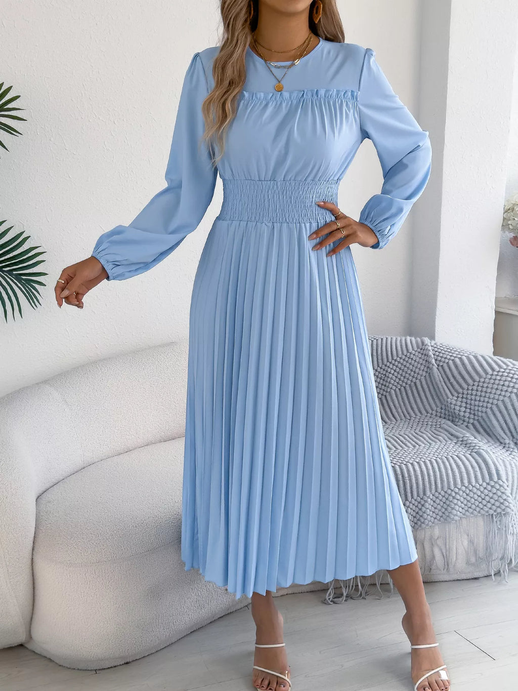 Smocked Pleated Long Sleeve Midi Dress