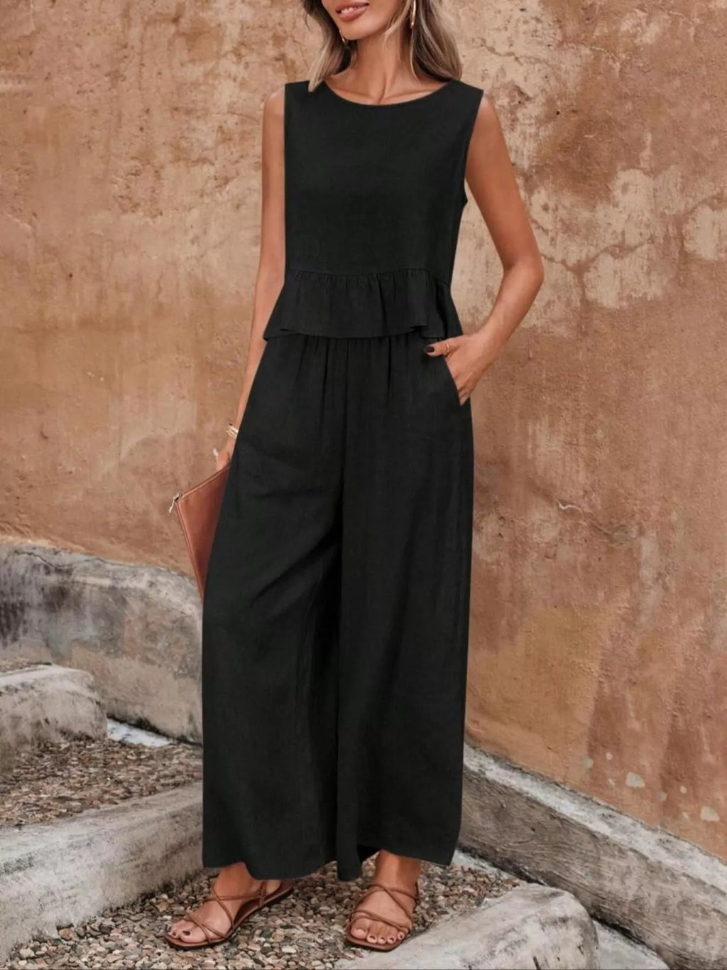 Sleeveless Ruffle Hem Top and Wide Leg Pants Two-Piece Set