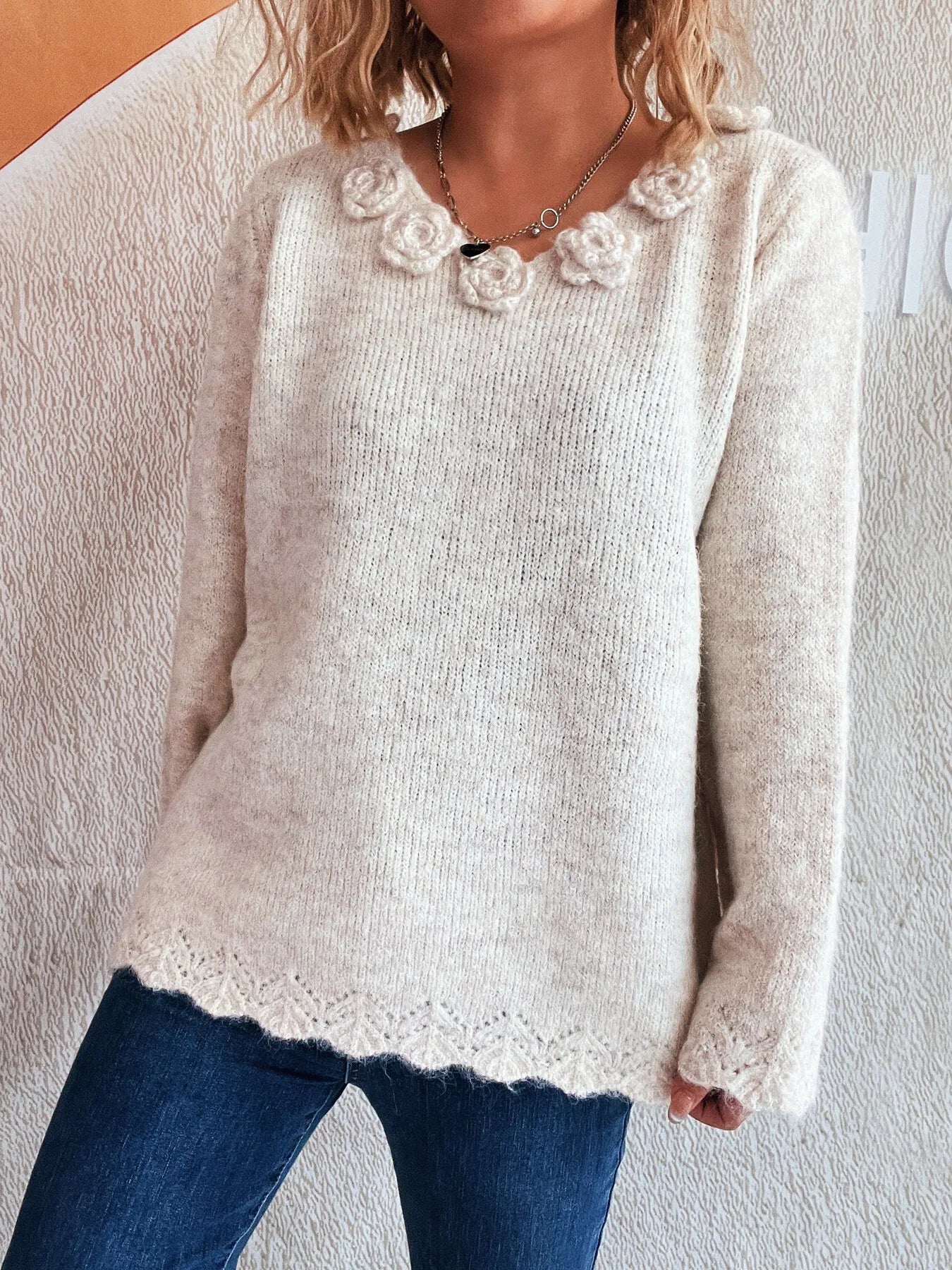 Flower V-Neck Long Sleeve Sweater