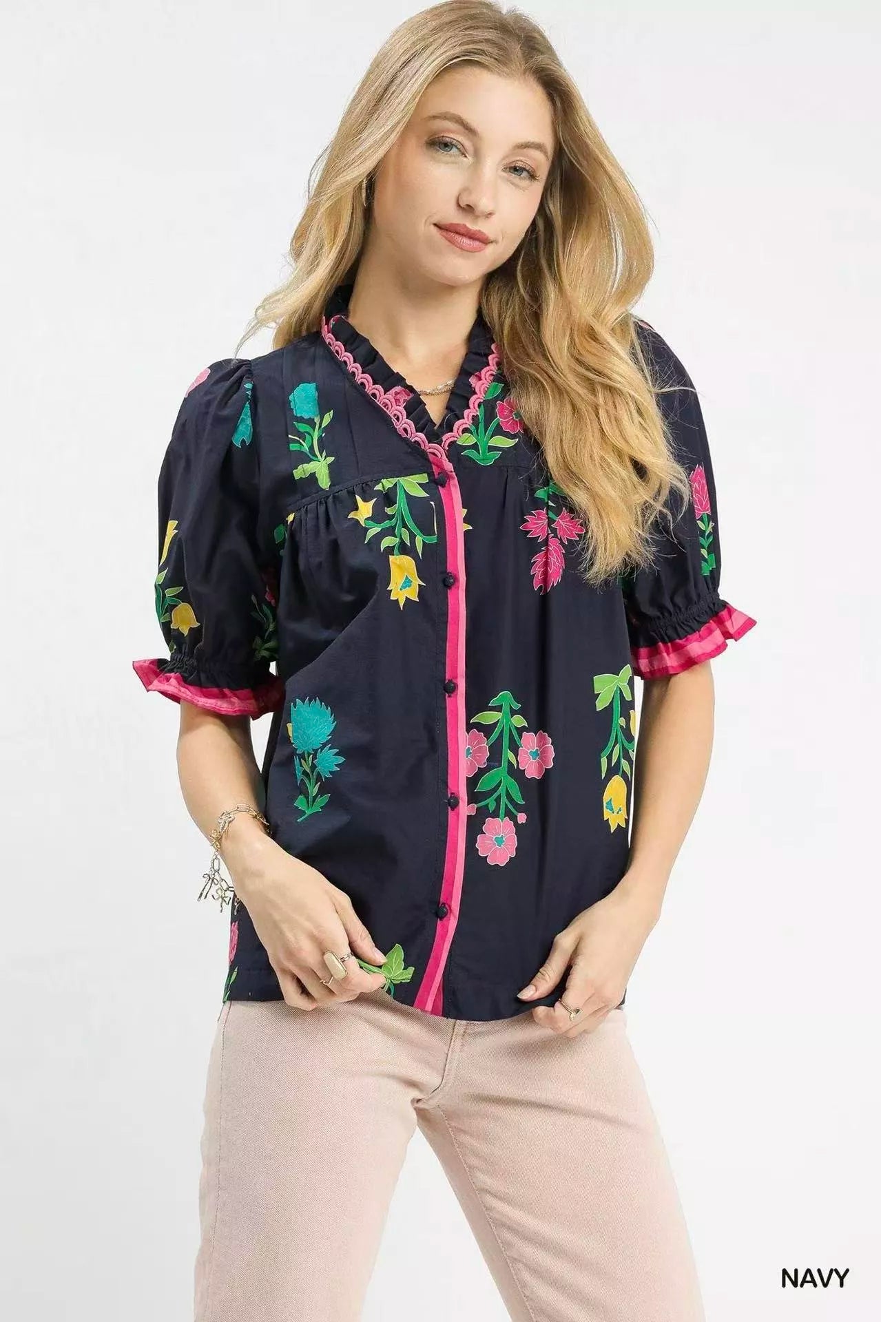 Umgee Petal Parade Print Button-Down Blouse