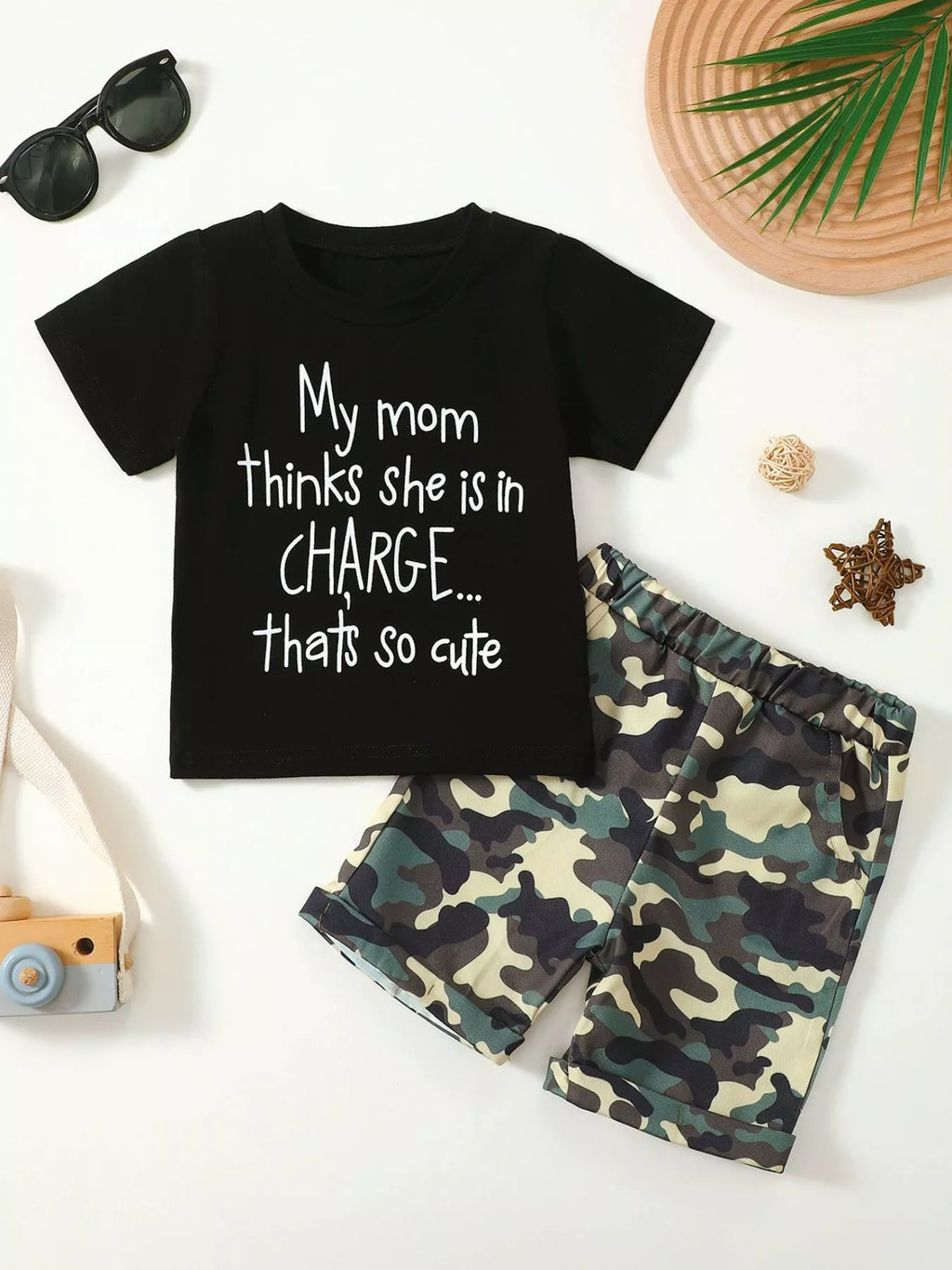 Children's Letter Graphic Tee and Camouflage Shorts Set